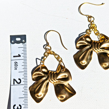 24k Gold Plated Brass Bow Pressing Earrings 3 inch Long USA Made by Sugar Gay Isber unisex adult