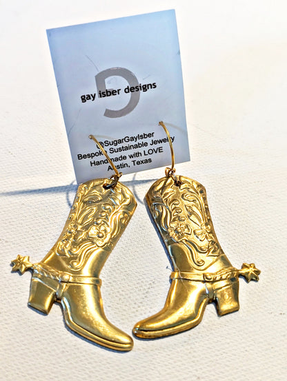 24k Gold Plated Brass Left and Right Boots with Spurs Earrings USA Sugar Gay Isber gift bag included left and right facing adult unisex gold