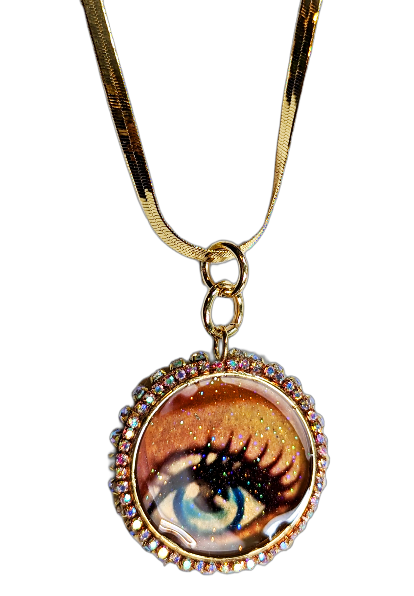 Pink Barbie Eye Pendant Gold Plated USA Made Sparkle Sugar Gay Isber almost 2 inches