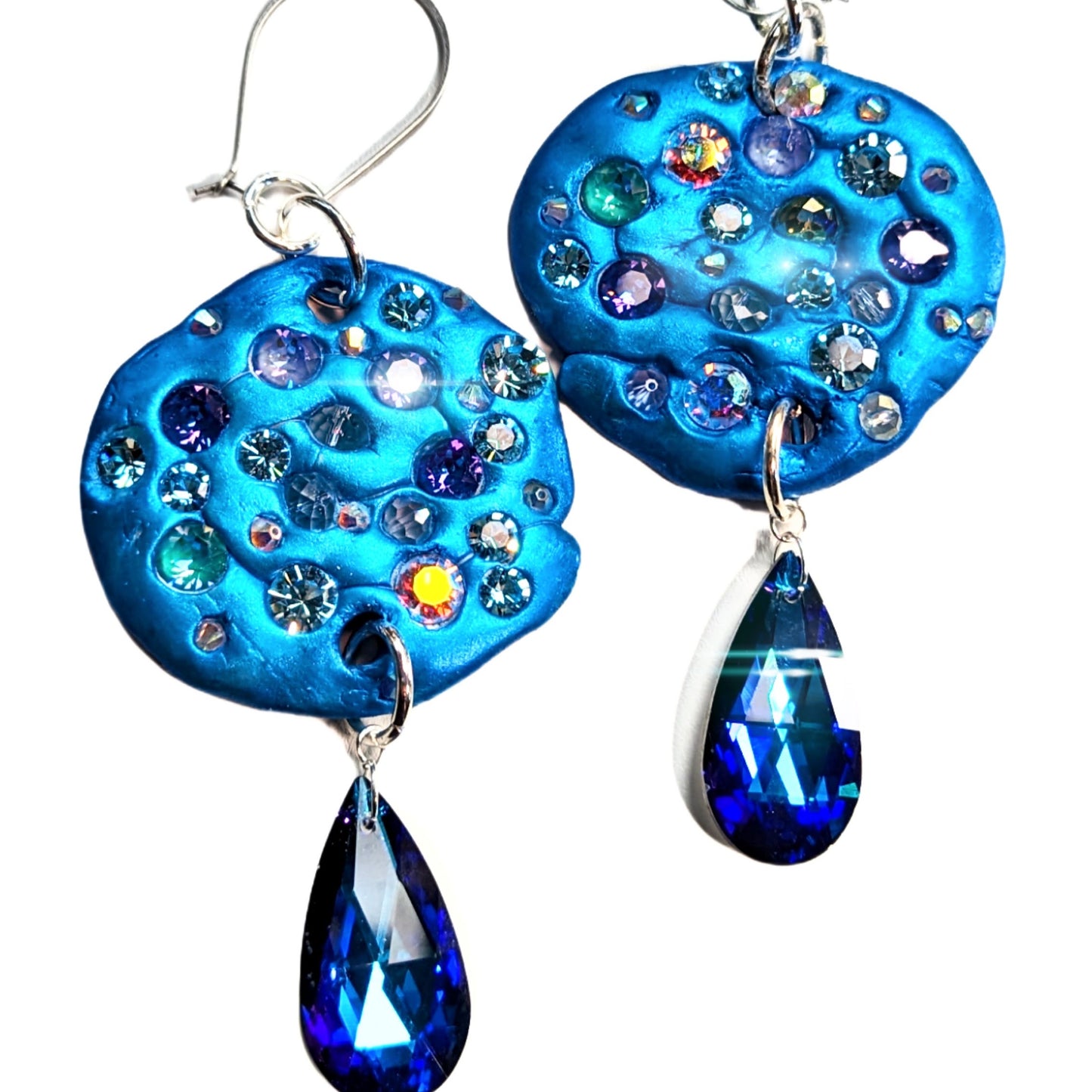 Round Blue Swarovski with Silver hooks Earrings USA made Gay Isber Free shipping 3 inches