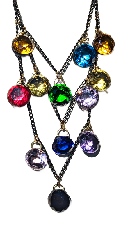 Necklace Multi Layered Colored Crystal Drops on Black Chain Handmade Sugar Gay Isber Stained Glass Inspired