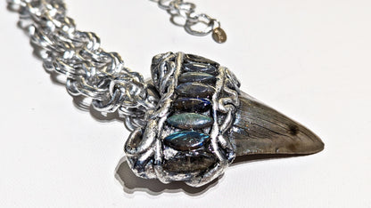 Silver Grey Real Shark Tooth Fossil Necklace Labradorite Unisex Beach Wedding Ocean Dentist Statement Gay Isber