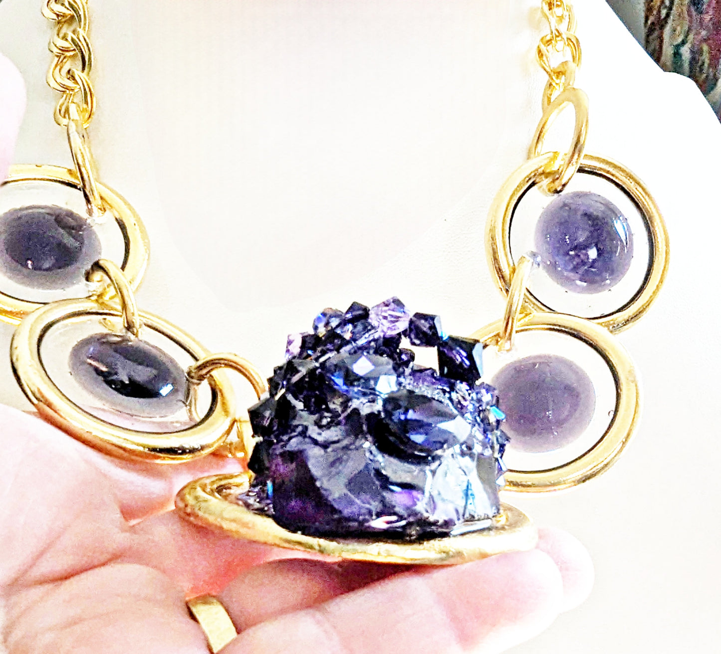 Deep Grape Purple and Gold Statement Necklace Chunk of CZ Artisan Handmade Swarovski Stones Sugar Gay Isber