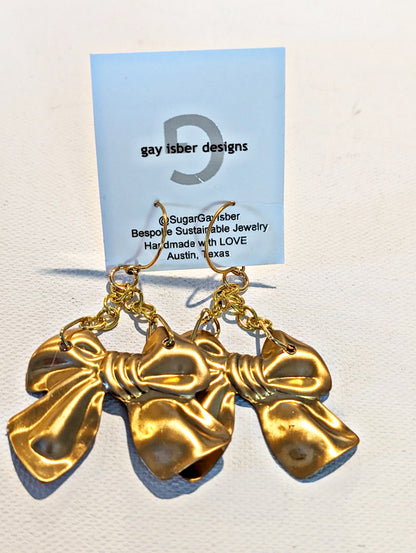 24k Gold Plated Brass Bow Pressing Earrings 3 inch Long USA Made by Sugar Gay Isber unisex adult