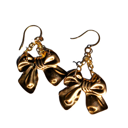 24k Gold Plated Brass Bow Pressing Earrings 3 inch Long USA Made by Sugar Gay Isber unisex adult