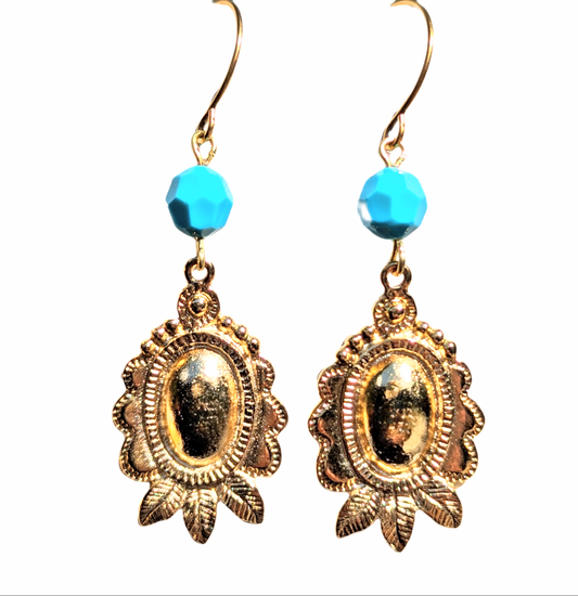 Gold Plated Earrings Swarovski Turquoise 2.1 inch Long USA Made by Sugar Gay Isber unisex-adult