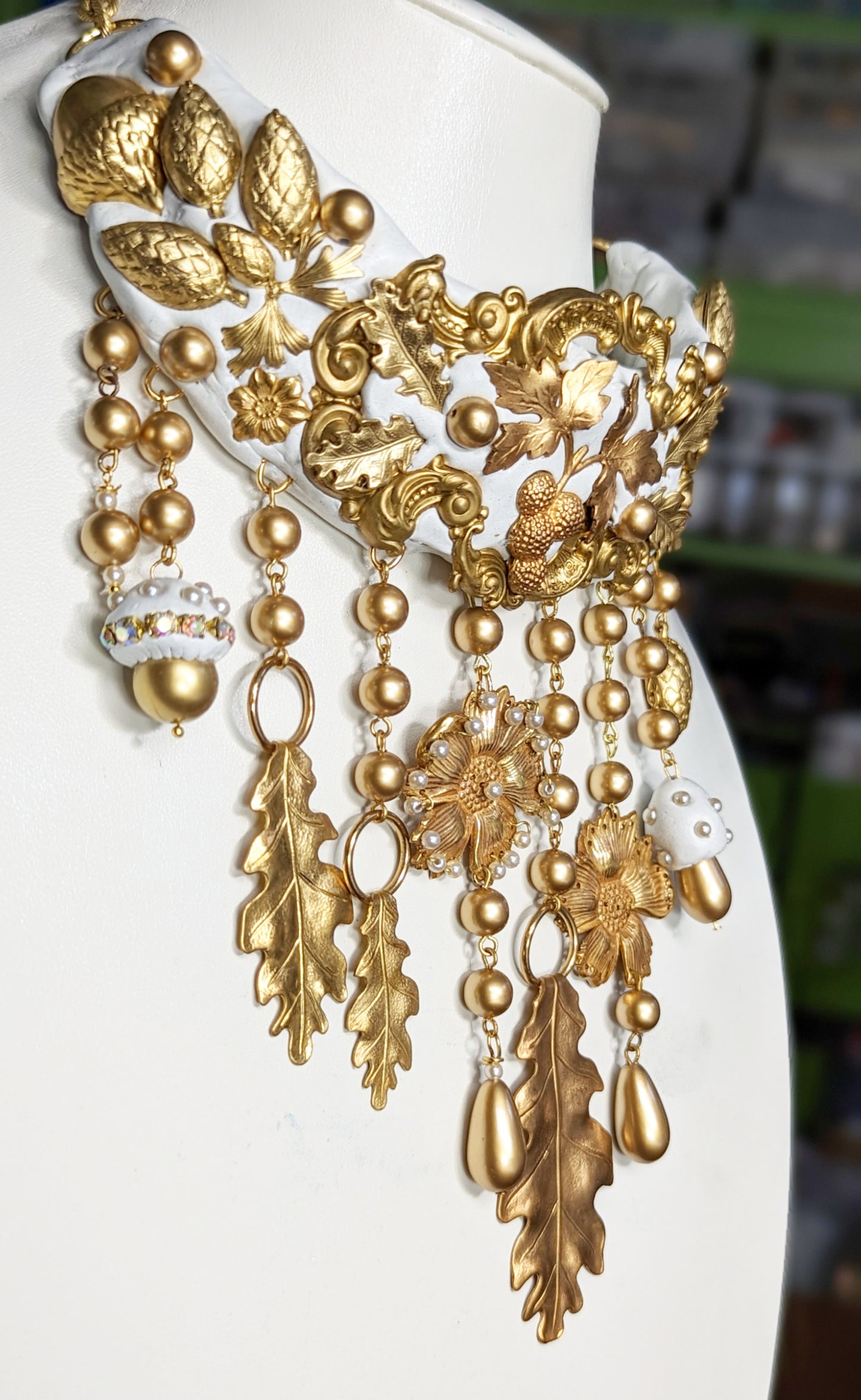 Gold White Fall Bridal Statement Necklace One of a Kind Sugar Gay Isber Brass Leaves Acorns Mushrooms ++