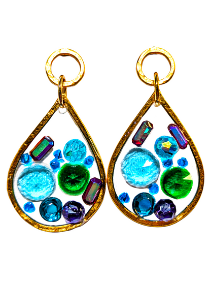 Stained Glass Inspired Blue Green Purple Colored Post Earrings Gold Plated USA Made Gay Isber 3 inches