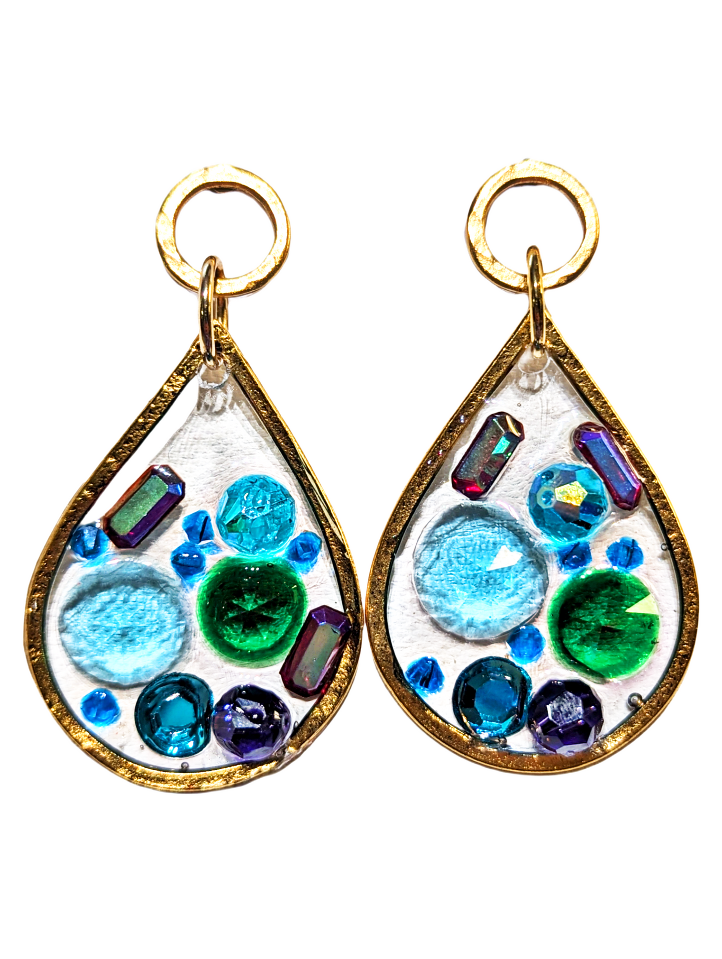 Stained Glass Inspired Blue Green Purple Colored Post Earrings Gold Plated USA Made Gay Isber 3 inches