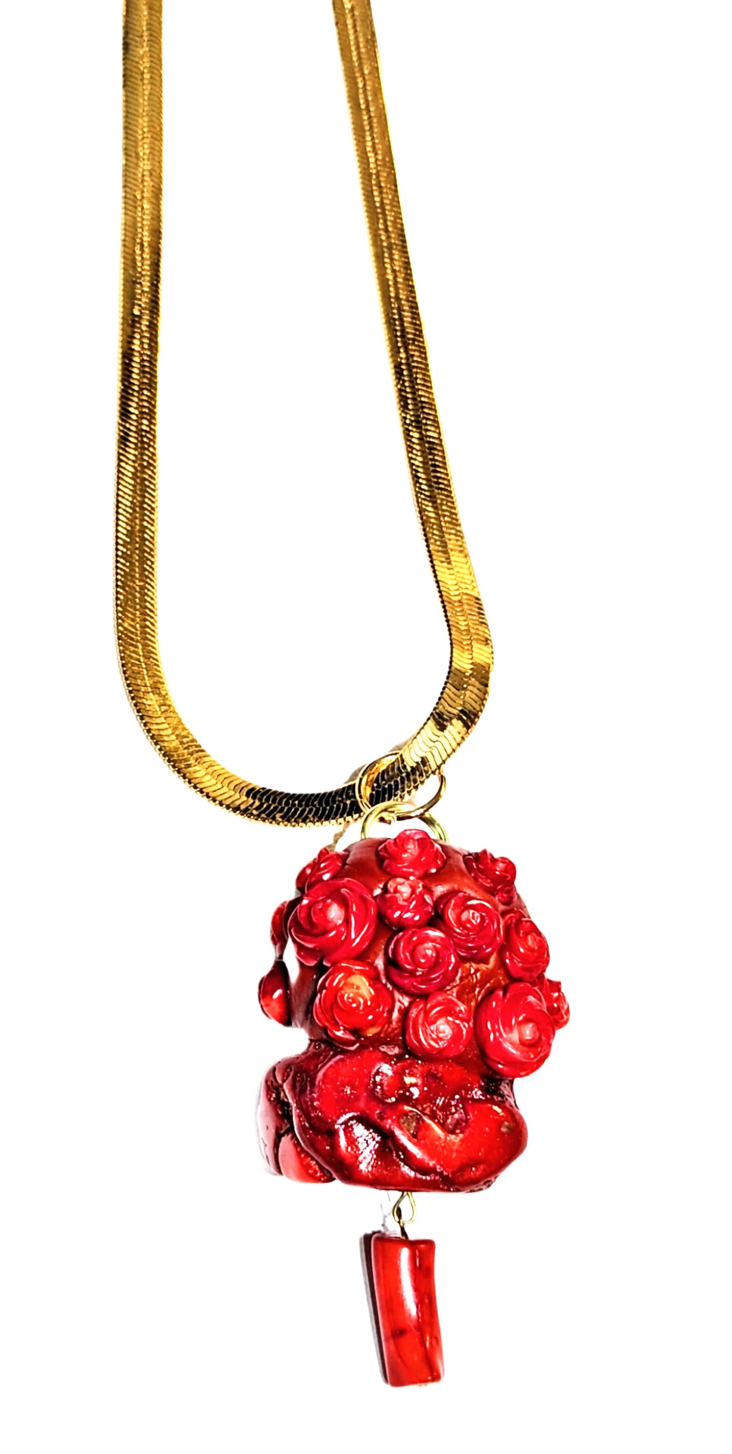 Red Coral Chunk with Hand Carved Red Coral Roses 30-inch gold chain by Gay Isber 1 of 1