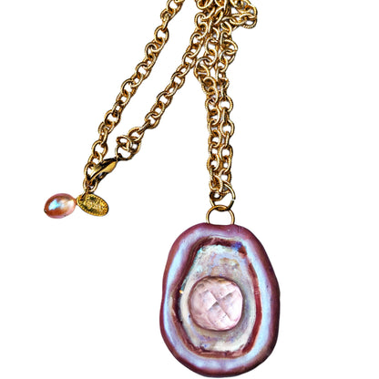 Pink Faceted Gem Soft Glowy Pink Necklace with Gold Plated AMAZING Chain Statement Sugar Gay Isber