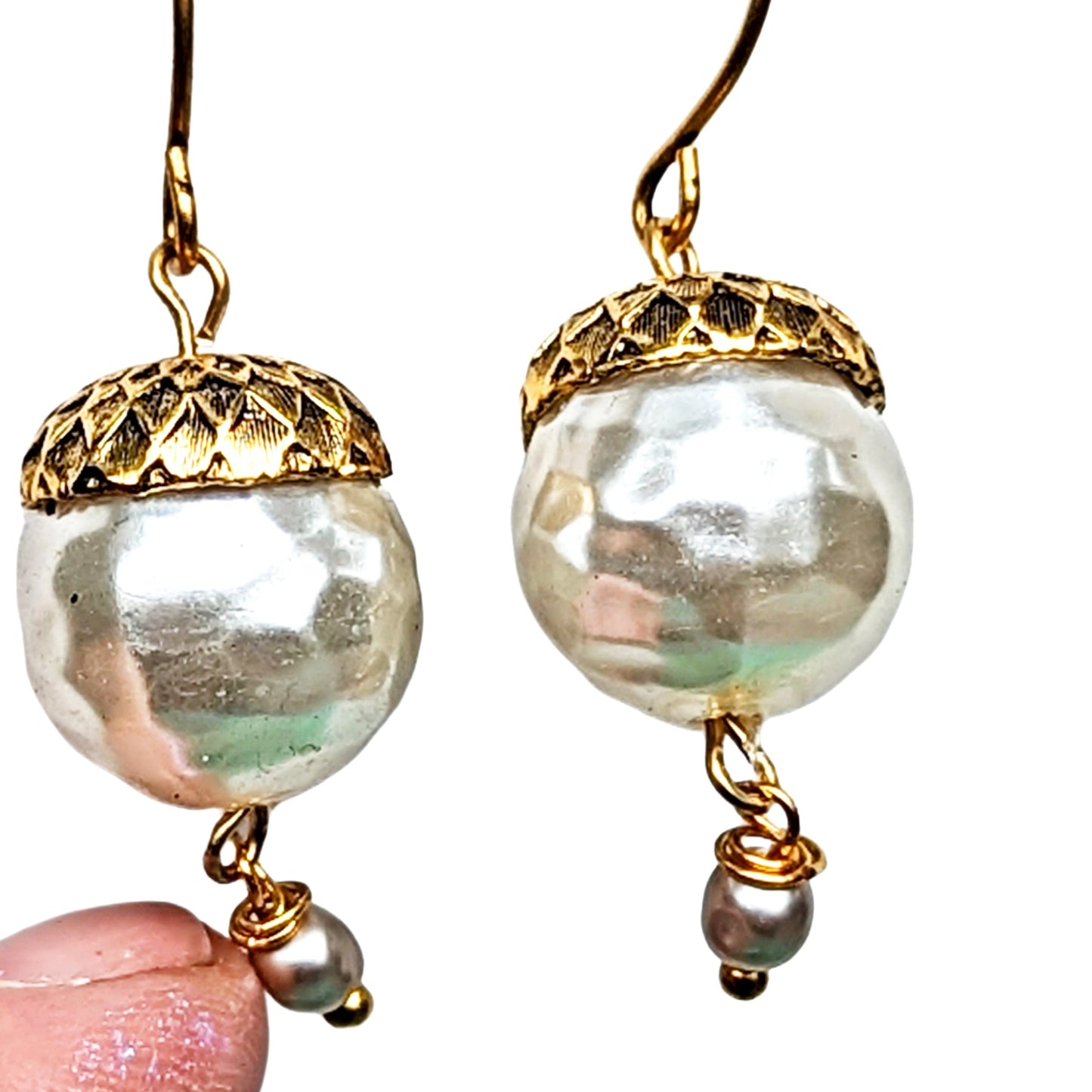 Gold Plated US made Acorn Caps on Vintage Pearls Earrings USA Made Hooks Sugar Gay Isber 1.75 inches