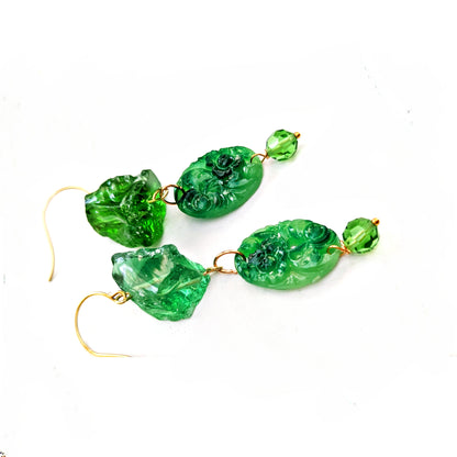 Green Handmade Vintage Beads Swarovski Drop Earrings USA made Gay Isber Free shipping 3.5 inches