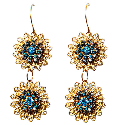 Beautiful Gold Plated Aqua Swarovski Earrings US Made Sugar Gay Isber 2.5 inches