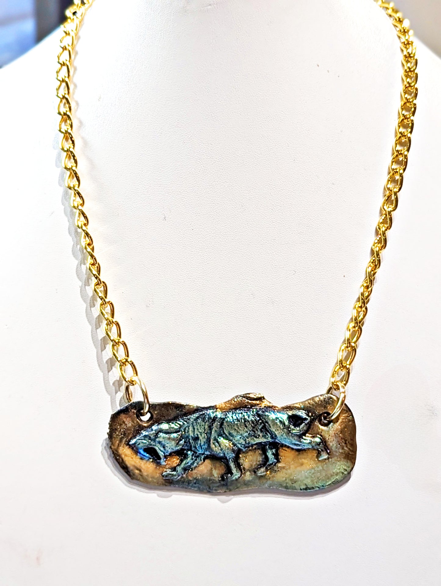 Saber-tooth Tiger Plaque Gold Steel 19" Adjustable Chain Unisex Handmade Each Unique Sugar Gay Isber