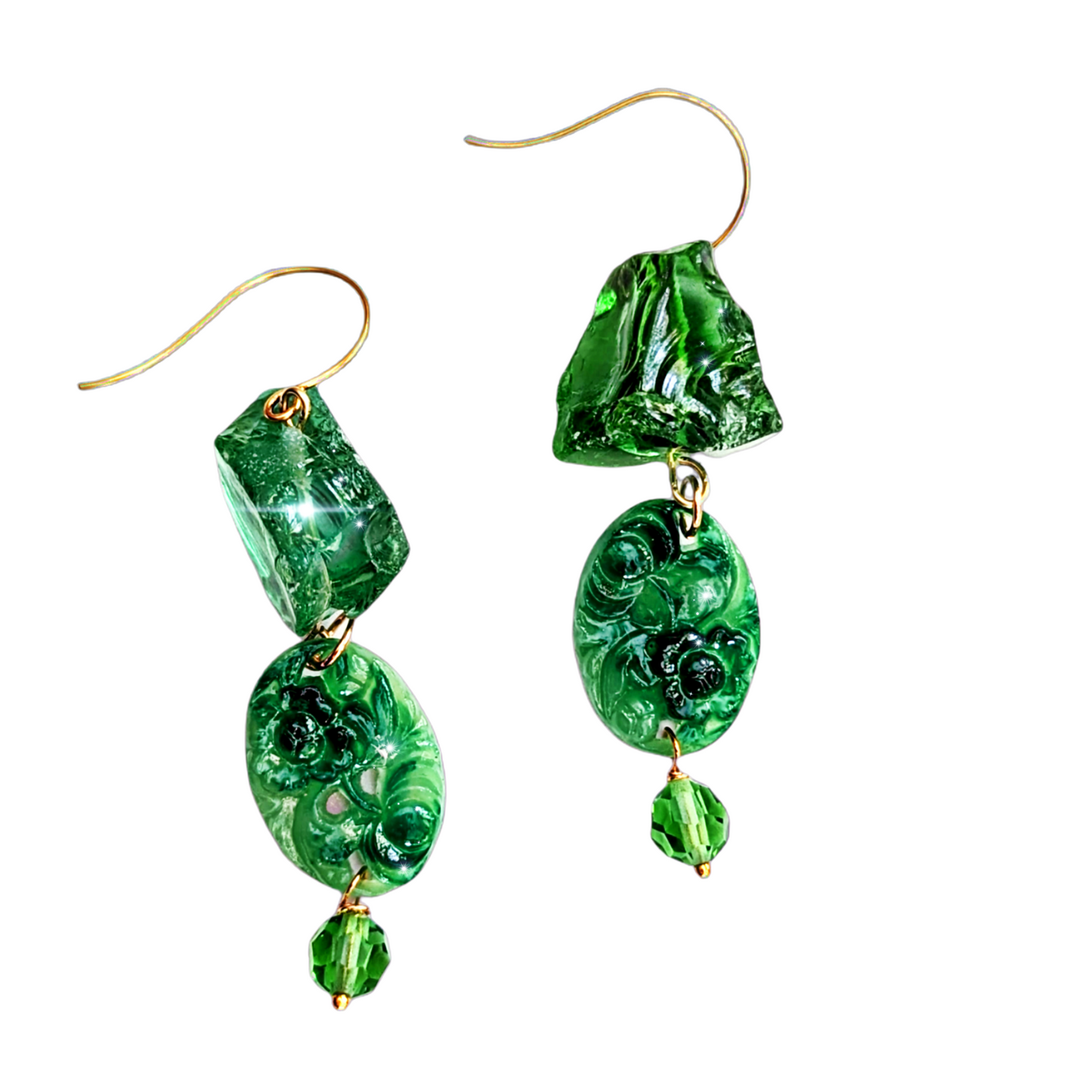 Green Handmade Vintage Beads Swarovski Drop Earrings USA made Gay Isber Free shipping 3.5 inches