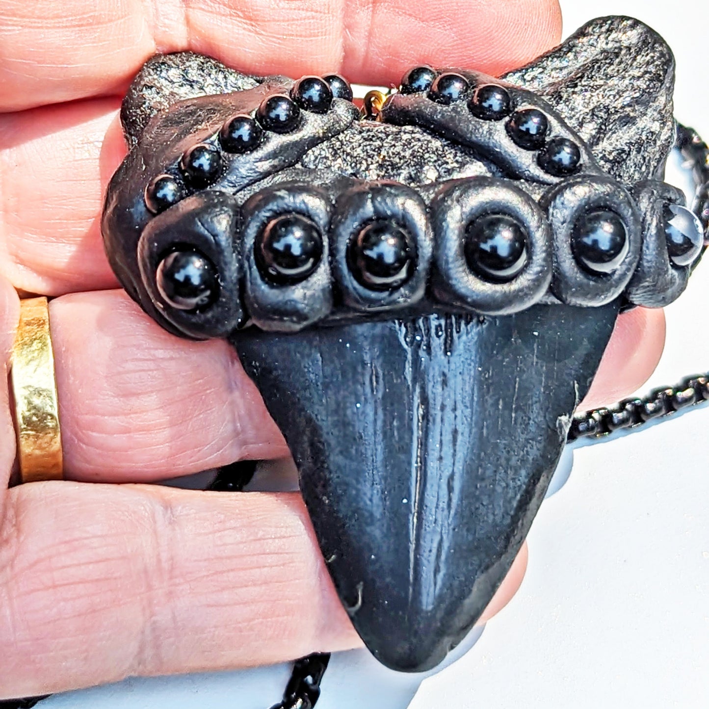 Real Megalodon Shark Tooth Fossil pendant Black Swarovski Pearls Unisex Statement Sugar Gay Isber 27 inch black chain