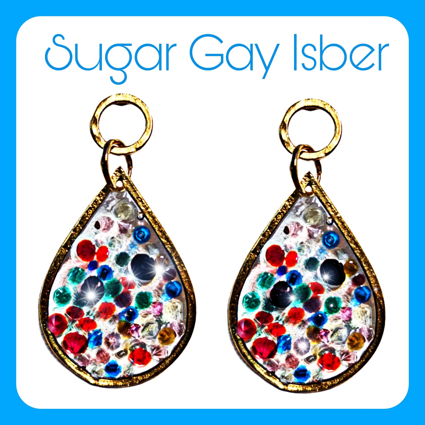 Stained Glass Inspired Multi Colored Post Earrings Gold Plated USA Made Gay Isber 3 inches