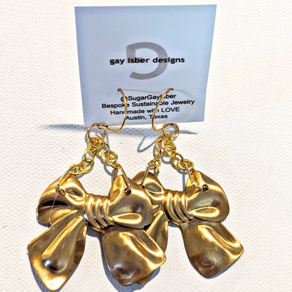 24k Gold Plated Brass Bow Pressing Earrings 3 inch Long USA Made by Sugar Gay Isber unisex adult