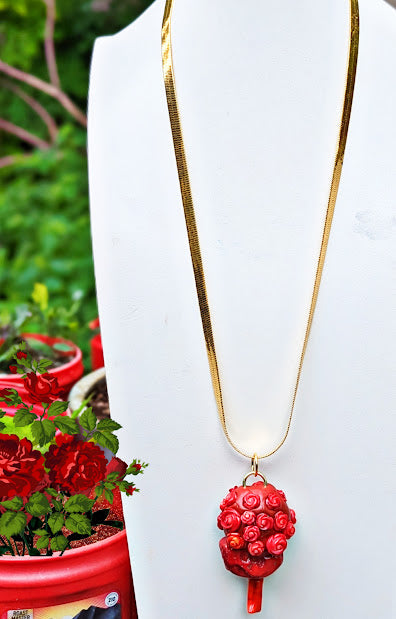 Red Coral Chunk with Hand Carved Red Coral Roses 30-inch gold chain by Gay Isber 1 of 1