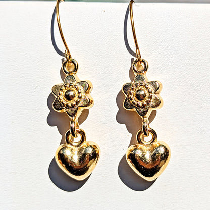 Gold Plated Flower and Heart Designer Earrings 2 inch Long USA Made by Sugar Gay Isber unisex-adult