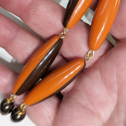 Orange Brown Vintage Plastic Long Earrings Sugar Gay Isber Cleveland Bears Pearls