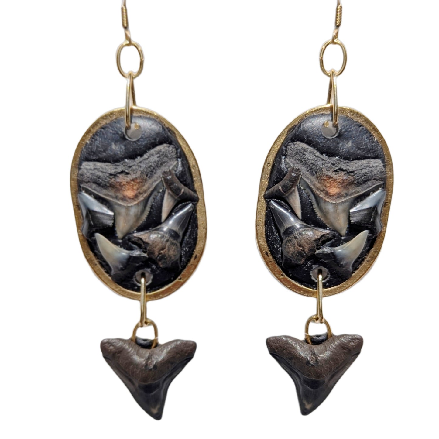 Dramatic Fossilized Shark Teeth in Clay Earrings - Unique Handmade Art by Award-Winning Artist Sugar Gay Isber