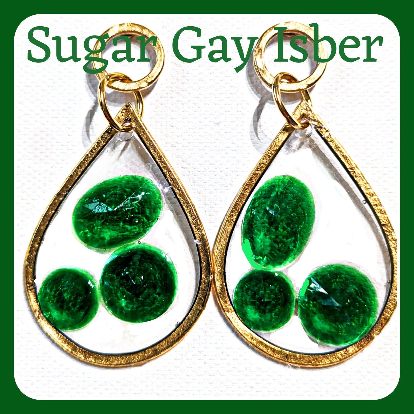 Stained Glass Inspired Emerald Green Circle Post Earrings Gold Plated USA Made Gay Isber 3 inches