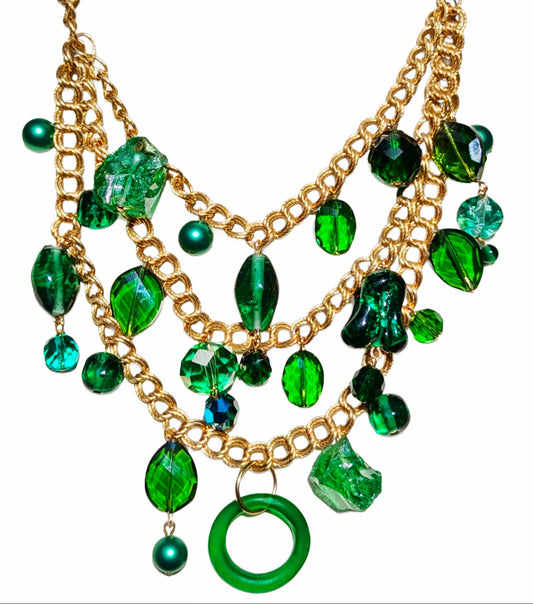 Unique Three-Tiered Green Glass Bead Necklace with Vintage Brass Chain - One-of-a-Kind Designer Quality by Sugar Gay Isber