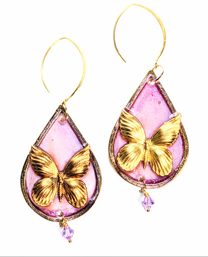 Beautiful Brass Butterfly Earrings Pink Alexandrite flash Gold Plated USA Made Gay Isber 3.5 inches