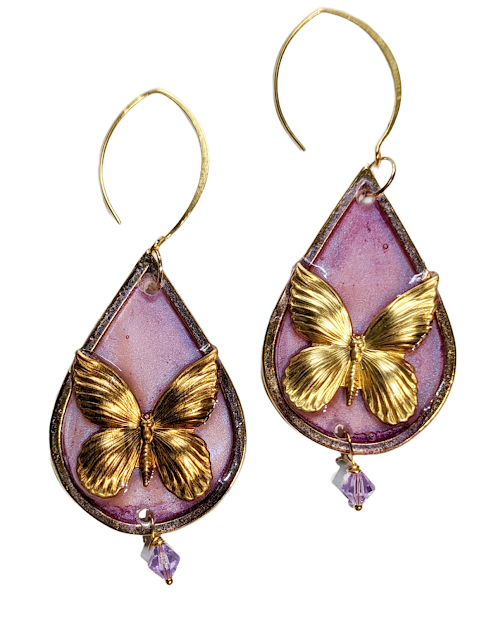 Beautiful Brass Butterfly Earrings Pink Alexandrite flash Gold Plated USA Made Gay Isber 3.5 inches