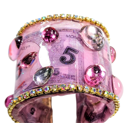 Monopoly Money Inspired WOW Sparkly Cuff Bracelet Pink Sugar Gay Isber US Made