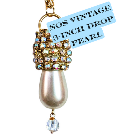 New Old Stock Vintage 3-inch White Drop Pearl with Swarovski AB Cupchain 28-inch gold plated chain Gay Isber Bridal