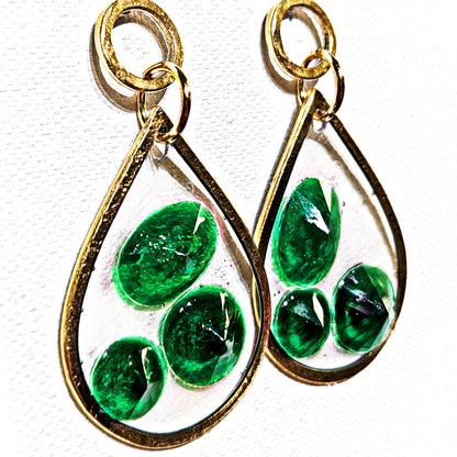 Stained Glass Inspired Emerald Green Circle Post Earrings Gold Plated USA Made Gay Isber 3 inches