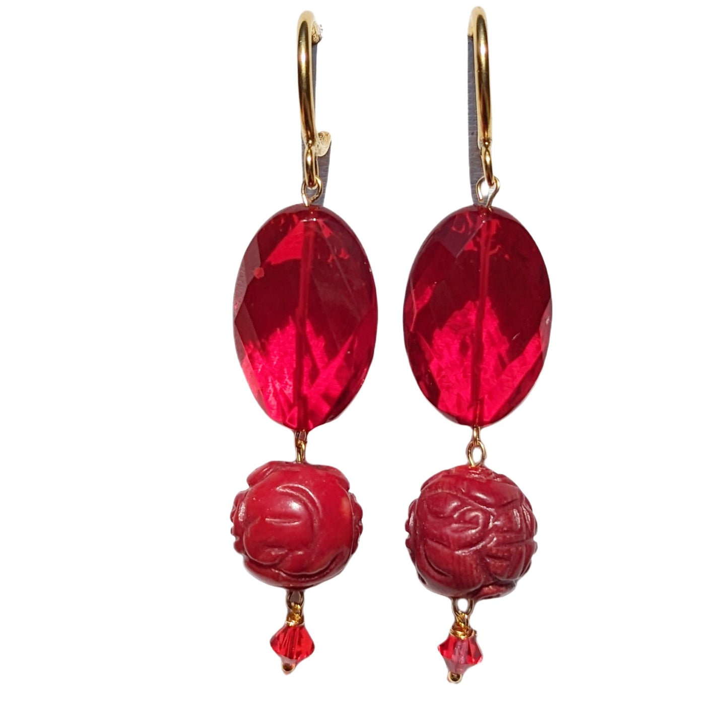 Red Carved Vintage Coral Glass Swarovski Earrings USA made Gay Isber Free shipping