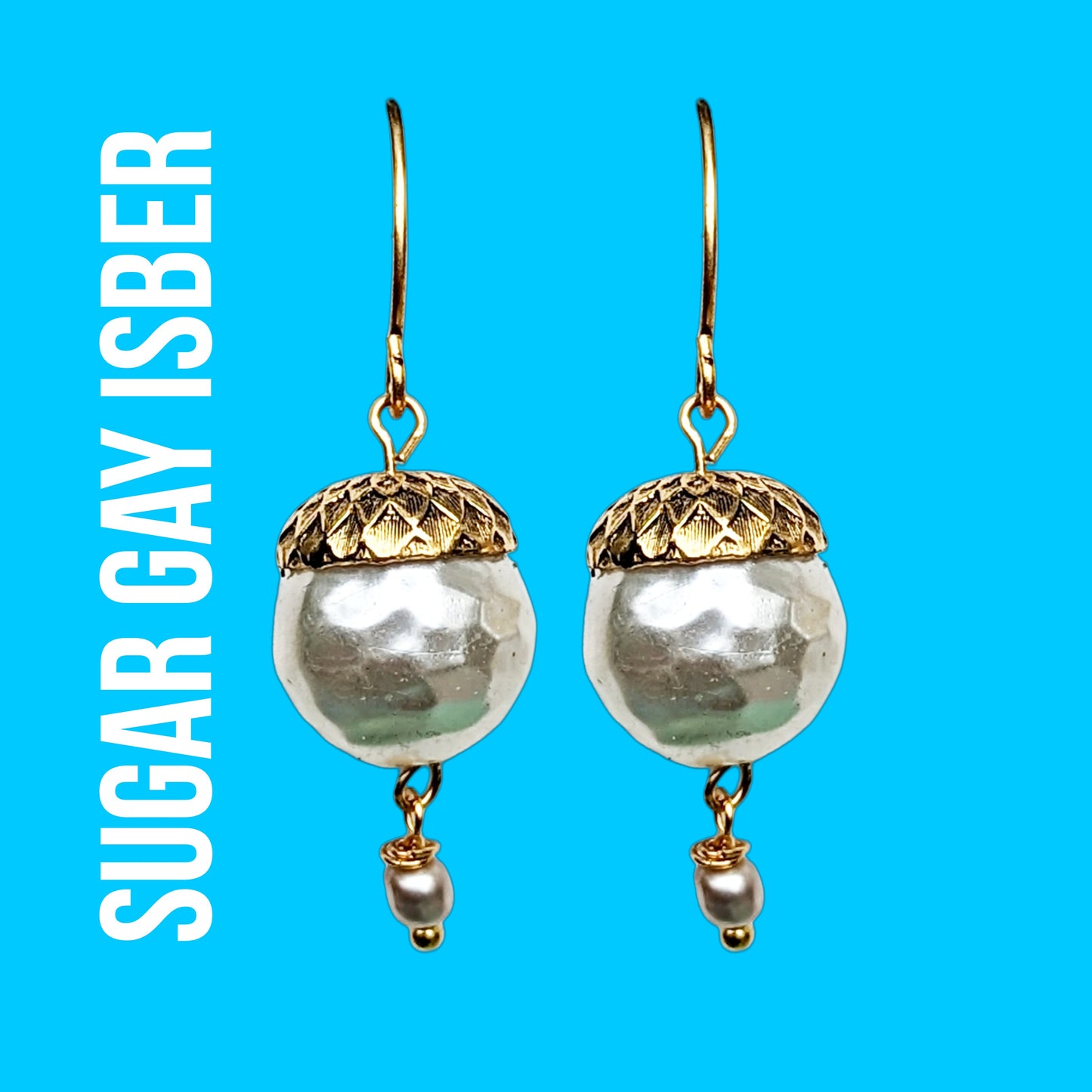 Gold Plated US made Acorn Caps on Vintage Pearls Earrings USA Made Hooks Sugar Gay Isber 1.75 inches