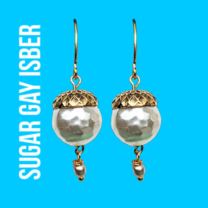 Gold Plated US made Acorn Caps on Vintage Pearls Earrings USA Made Hooks Sugar Gay Isber 1.75 inches