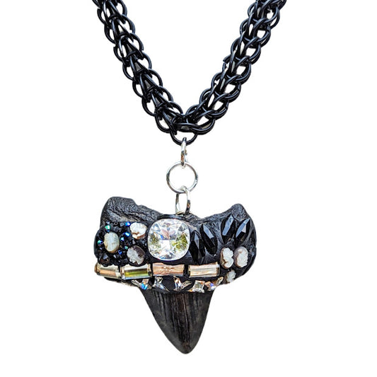 Real Megalodon Shark Tooth Fossil pendant Black MOP Tiny MOP Cameos Swarovski Unisex Beach Wedding Ocean Dentist Statement Sugar Gay Isber