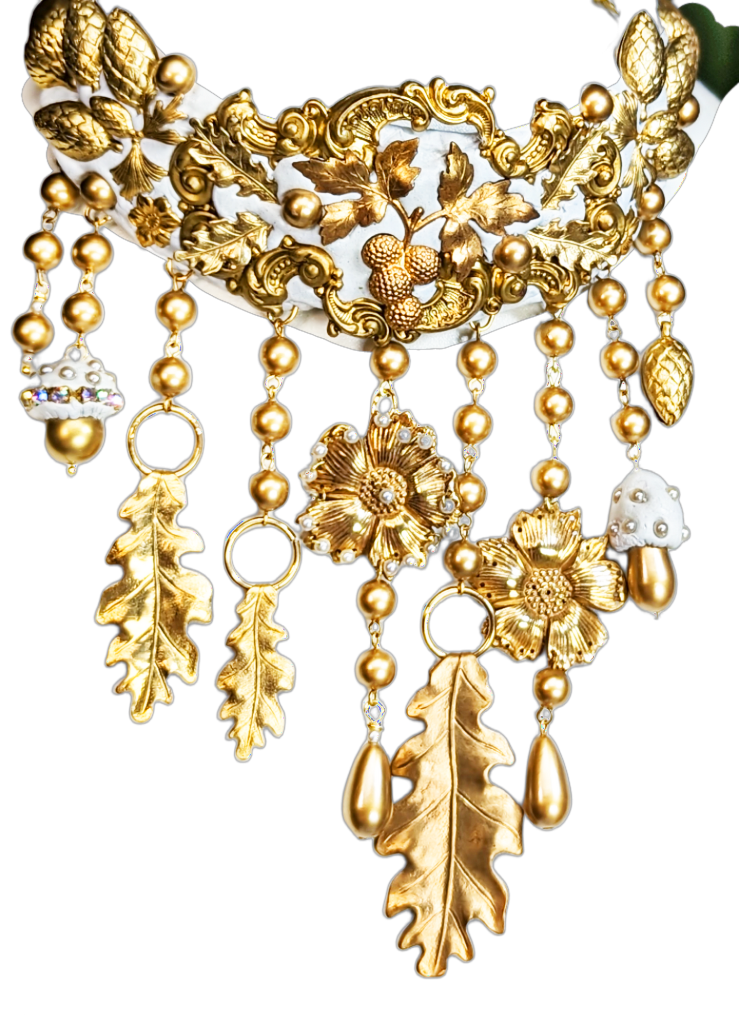 Gold White Fall Bridal Statement Necklace One of a Kind Sugar Gay Isber Brass Leaves Acorns Mushrooms ++