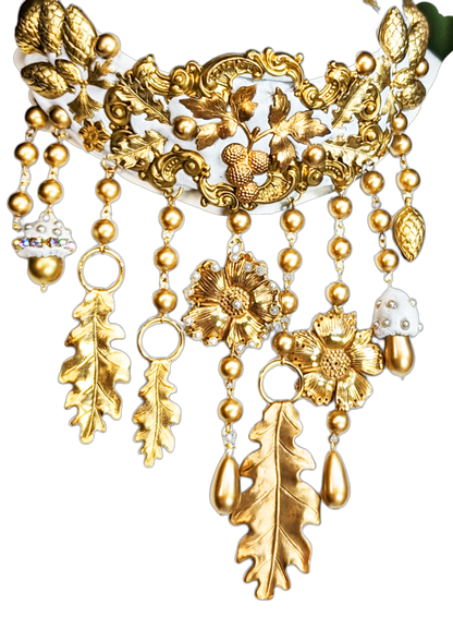 Gold White Fall Bridal Statement Necklace One of a Kind Sugar Gay Isber Brass Leaves Acorns Mushrooms ++