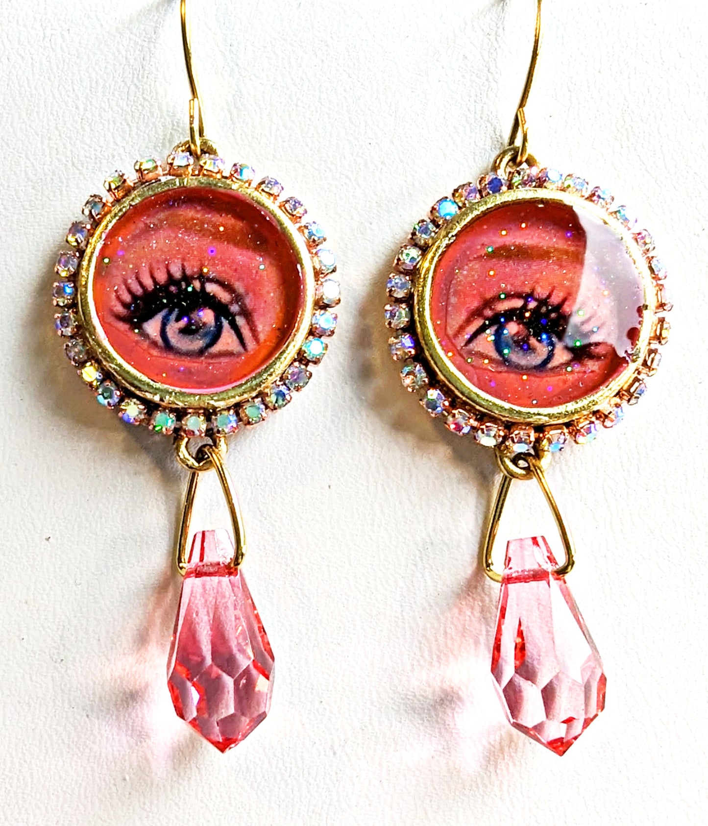 Pink Barbie Eye Earrings Gold Plated USA Made Sparkle Sugar Gay Isber 2 inches