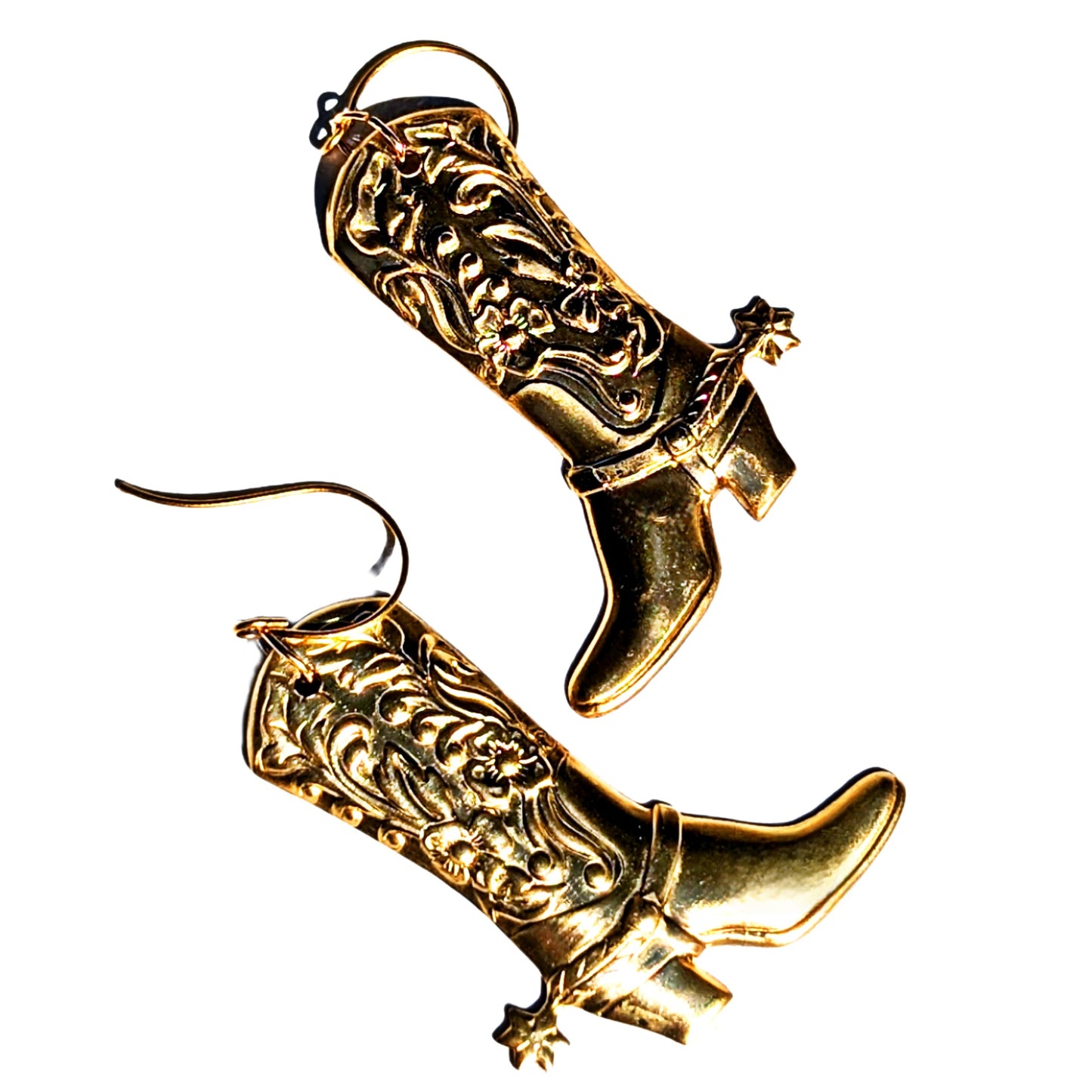 24k Gold Plated Brass Left and Right Boots with Spurs Earrings USA Sugar Gay Isber gift bag included left and right facing adult unisex gold