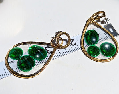 Stained Glass Inspired Emerald Green Circle Post Earrings Gold Plated USA Made Gay Isber 3 inches