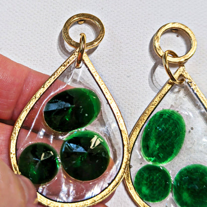 Stained Glass Inspired Emerald Green Circle Post Earrings Gold Plated USA Made Gay Isber 3 inches