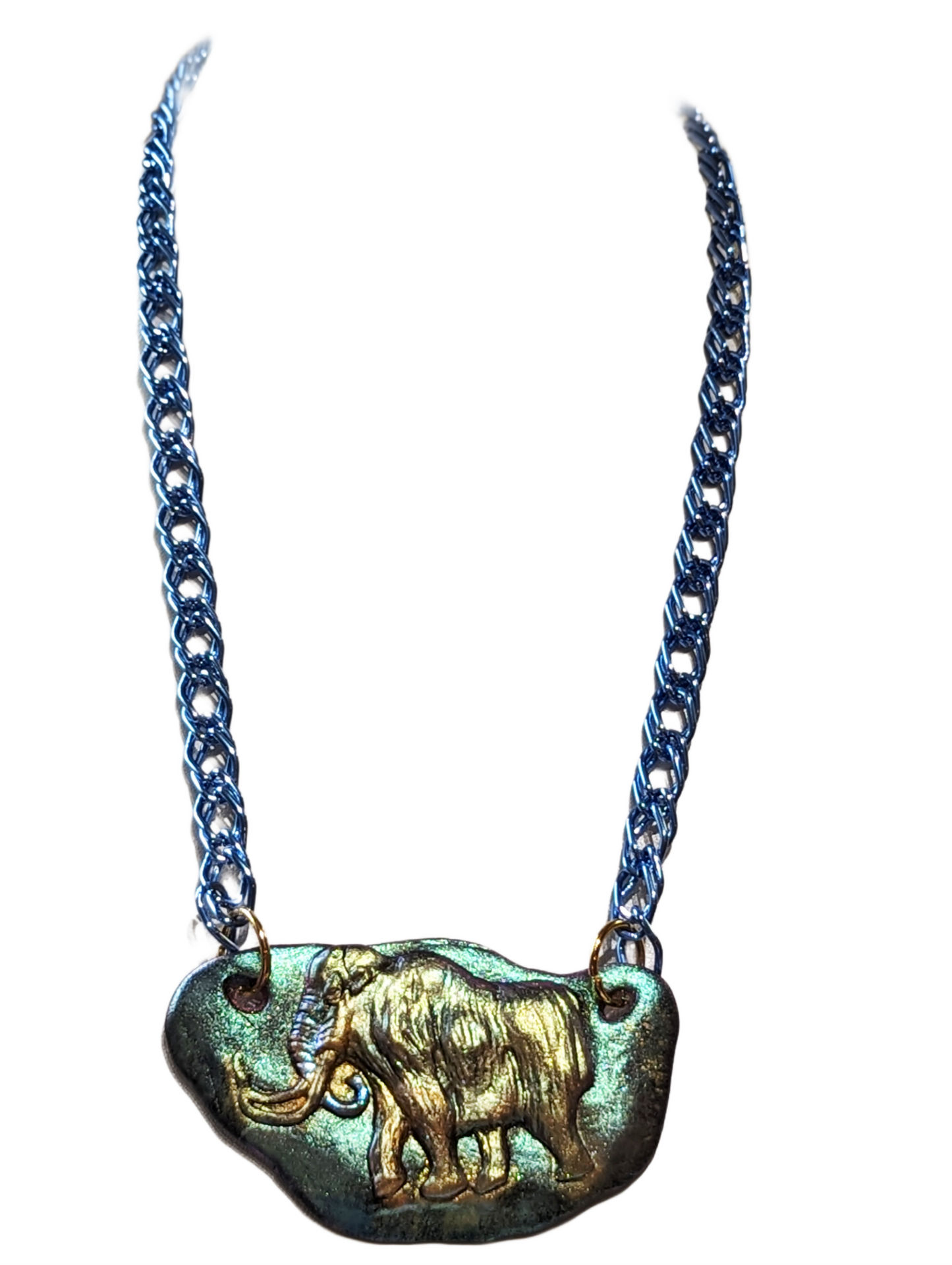 Wooly Mammoth Mastodon Plaque Blue Aluminum chain 18" Adjustable chain Handmade Each Unique Sugar Gay Isber