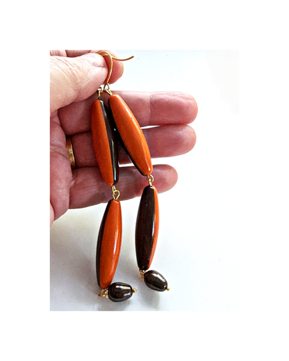 Orange Brown Vintage Plastic Long Earrings Sugar Gay Isber Cleveland Bears Pearls