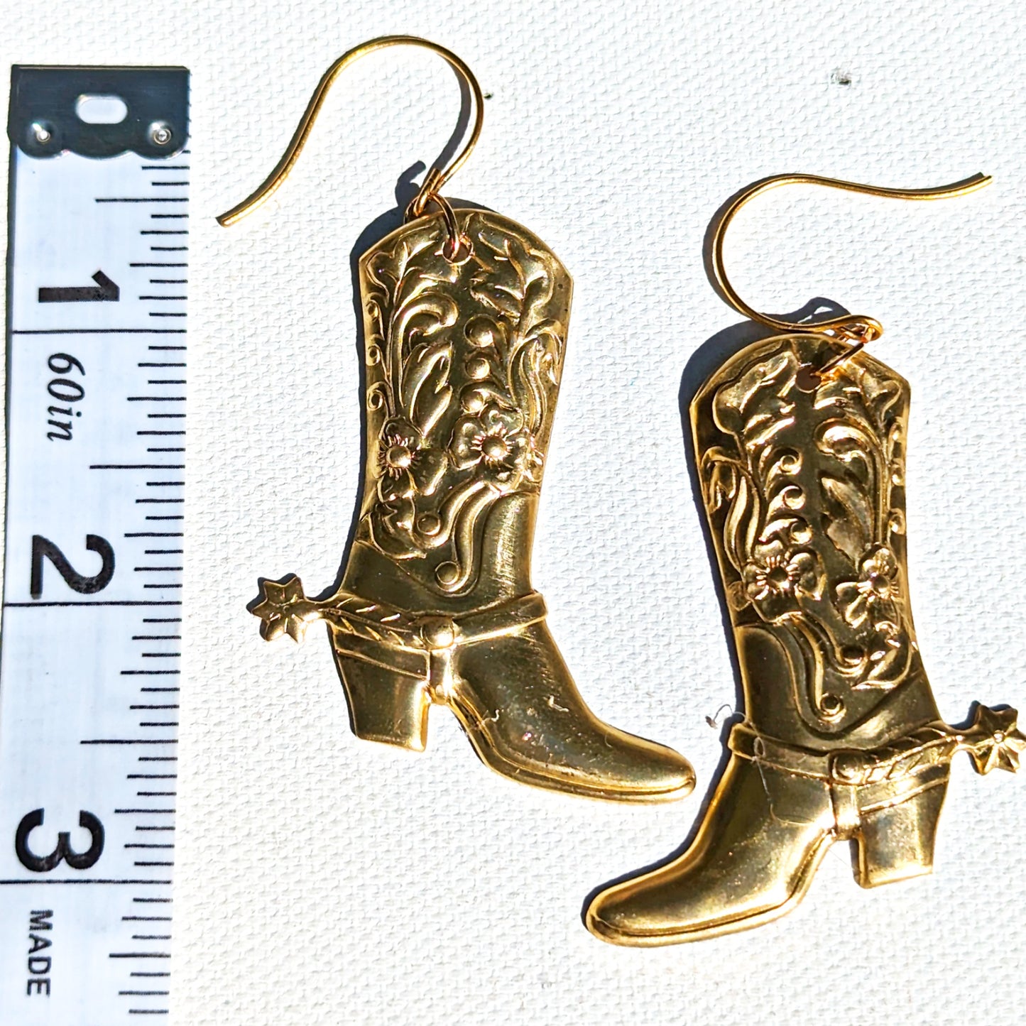 24k Gold Plated Brass Left and Right Boots with Spurs Earrings USA Sugar Gay Isber gift bag included left and right facing adult unisex gold