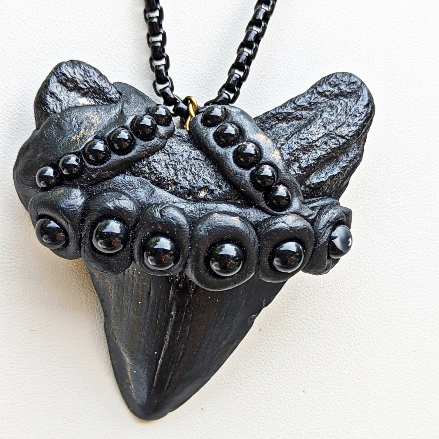 Real Megalodon Shark Tooth Fossil pendant Black Swarovski Pearls Unisex Statement Sugar Gay Isber 27 inch black chain