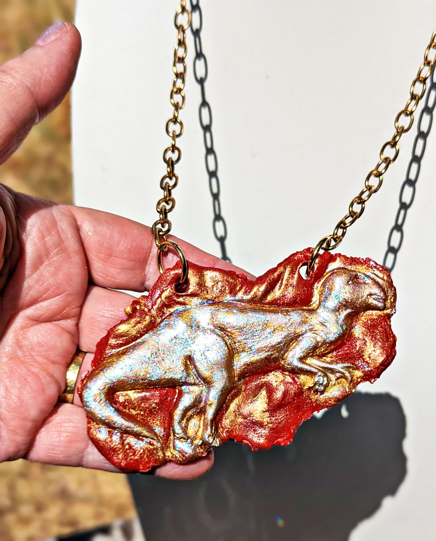 Rust Gold Dinosaur Plaque Gold Chain Handmade Each Unique Sugar Gay Isber Adjustable