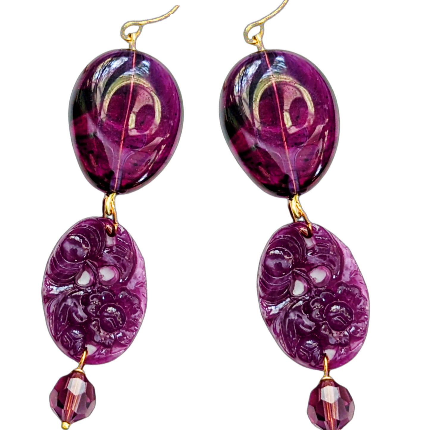 Purple Handmade Vintage Beads Swarovski Drop Earrings USA made Gay Isber Free shipping 3.5 inches